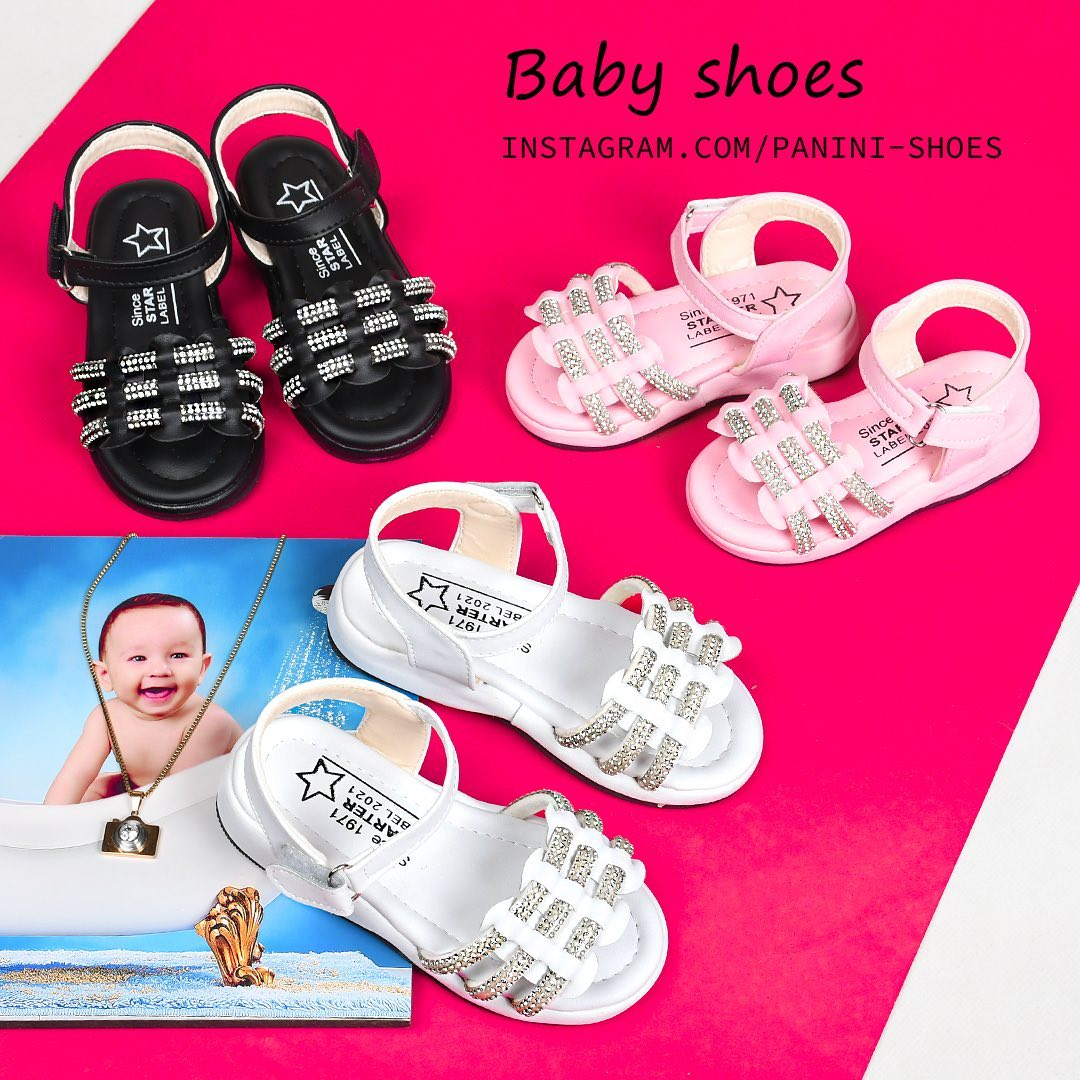 صندل دخترانه چرم مصنوعی نگین دار بندی طرح الماس